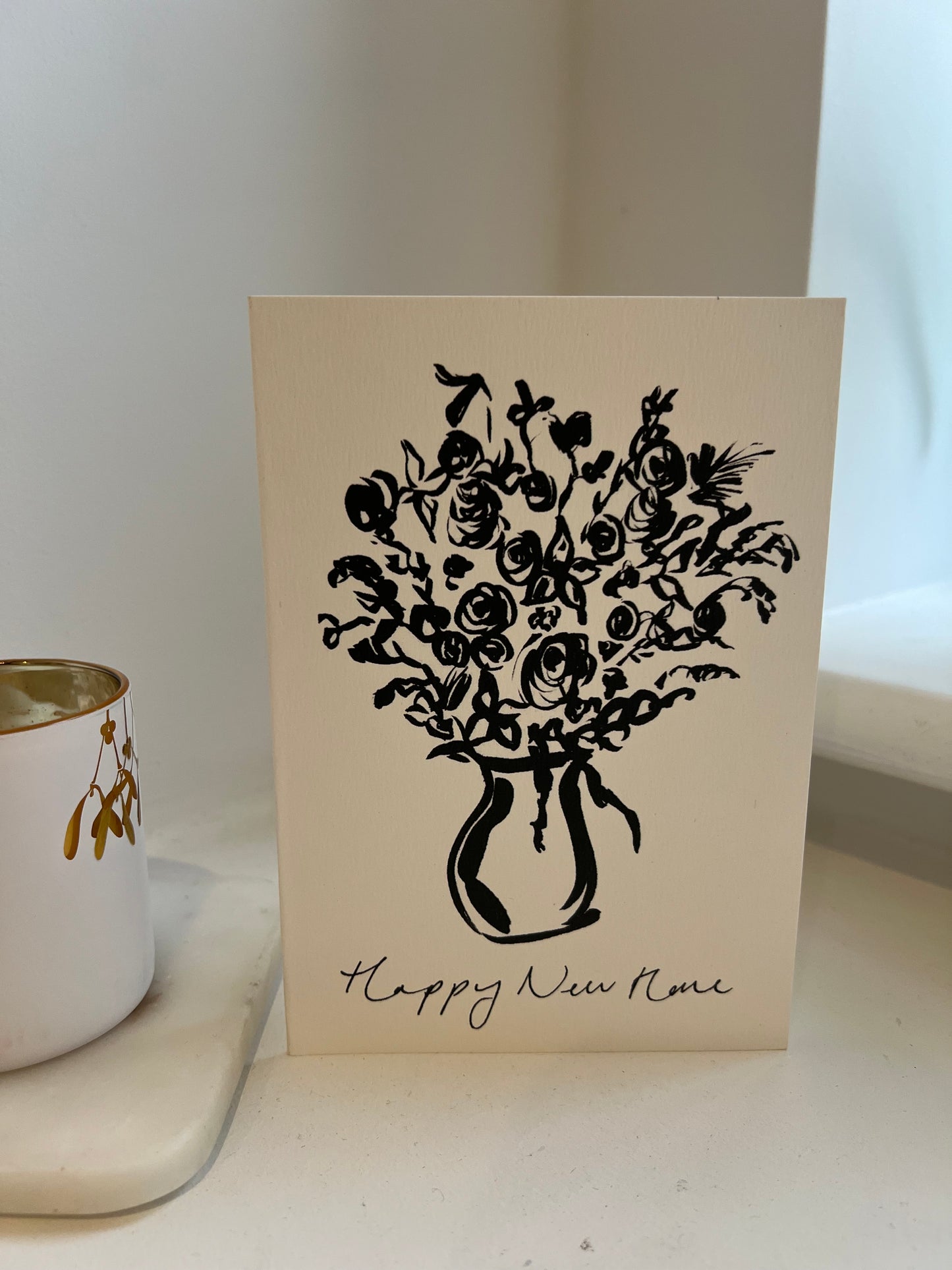 Happy New Home monochrome vase greet Card | new home card