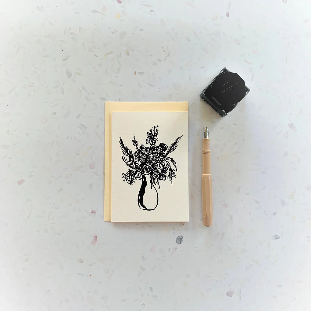 Monochrome Rose Vase greeting Card | Blank Rose Card