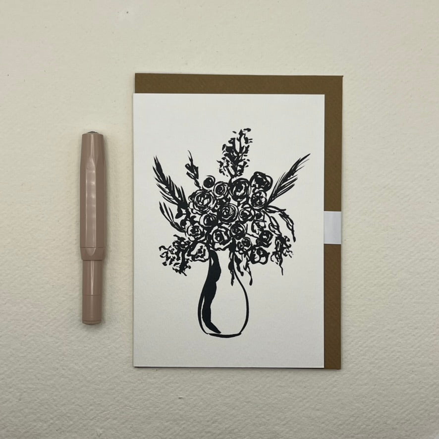 Monochrome Rose Vase greeting Card | Blank Rose Card