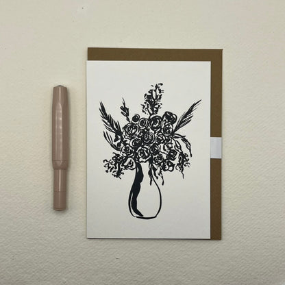 Monochrome Rose Vase greeting Card | Blank Rose Card