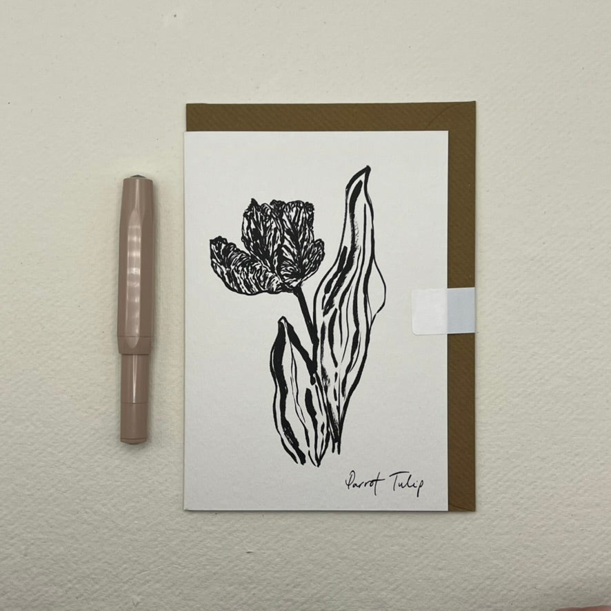 Parrot Tulip Card | Art Print Card | Monochrome Tulip Card