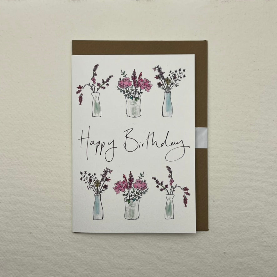 Pink 3 Vase Happy Birthday Card | Pretty Floral Birthday Card