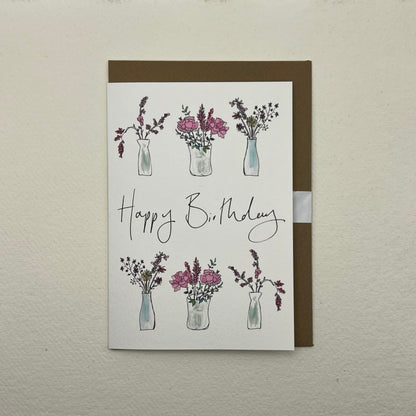 Pink 3 Vase Happy Birthday Card | Pretty Floral Birthday Card