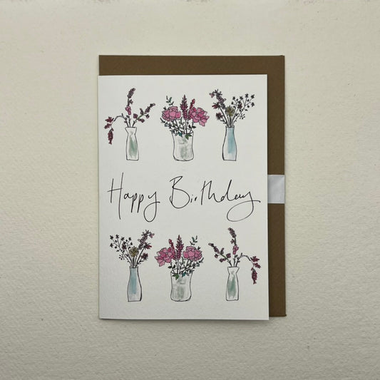 Pink 3 Vase Happy Birthday Card | Pretty Floral Birthday Card