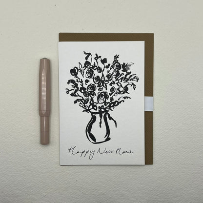 Happy New Home monochrome vase greet Card | new home card