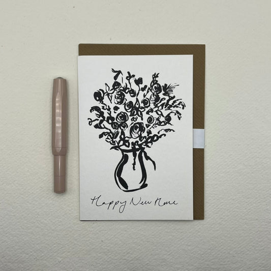 Happy New Home monochrome vase greet Card | new home card