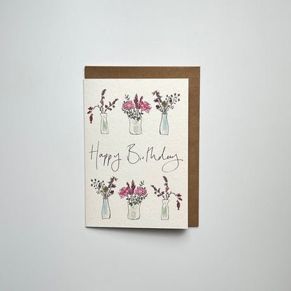 Pink 3 Vase Happy Birthday Card | Pretty Floral Birthday Card